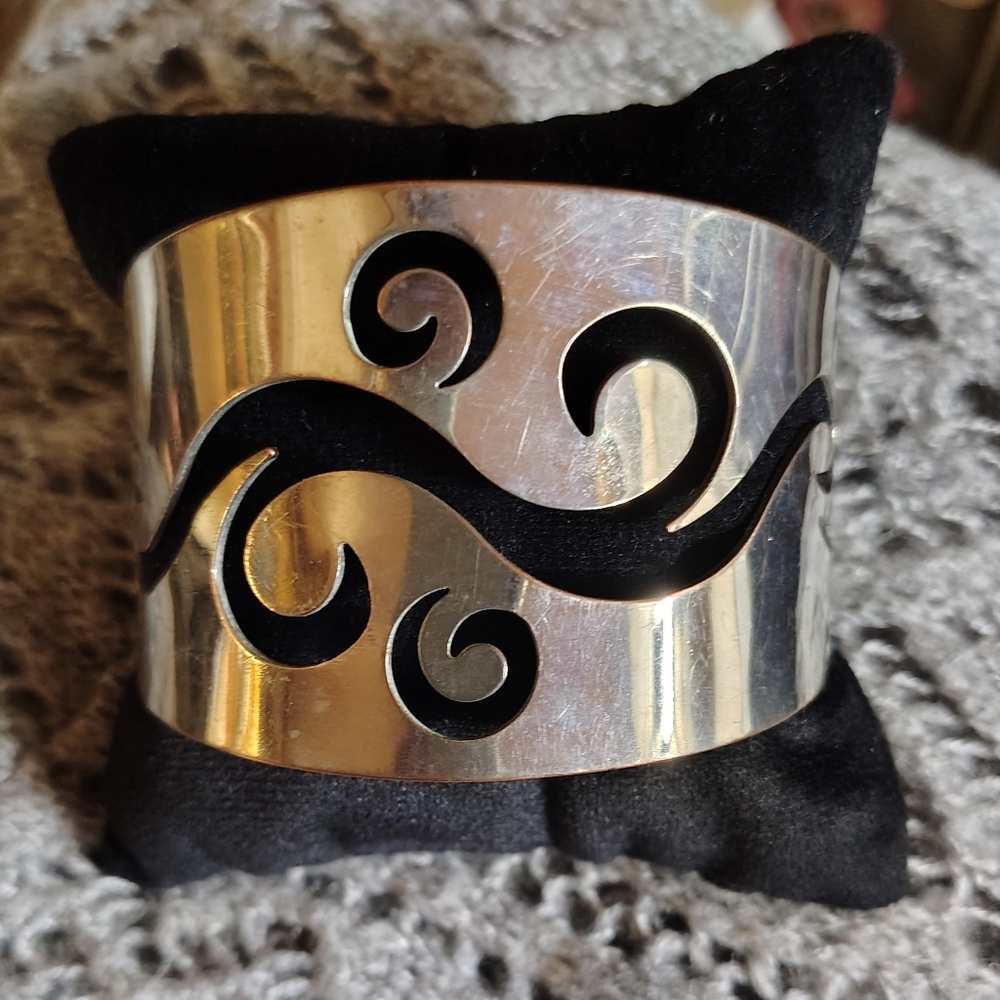 Vintage Silver Tone Metal Cut-Out Cuff Bracelet Boho, Goth, Hippie